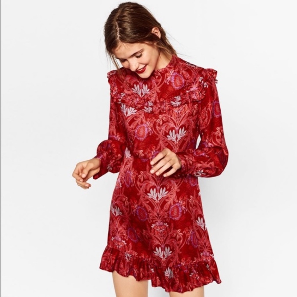 Zara Jacquard Red and Pink Floral Mini Dress—one left